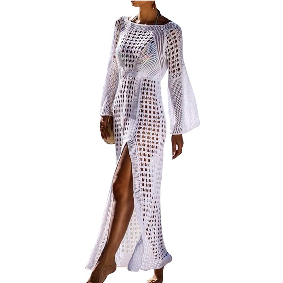 Crochet Open Knit Mesh Swimsuit Cover-Up in White OSFM XS-M - Picture 9 of 9